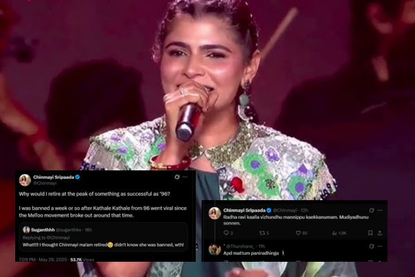 “ராதாரவி காலில் விழச்சொன்னார்கள்….”! பரிதாப அலையைப் பயன்படுத்துகிறாரா சின்மயி? Chinmayi and Tweets