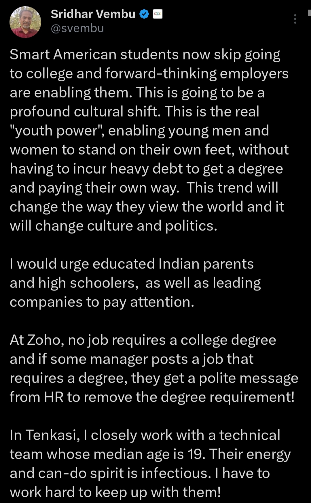 கட்டாயப் படிப்பு பட்டம் அல்லது டிகிரி தேவையில்லை - ஜோஹோ நிறுவனர் ஸ்ரீதர் வேம்பு கருத்து !!!! 1 Screenshot 20251204 130745