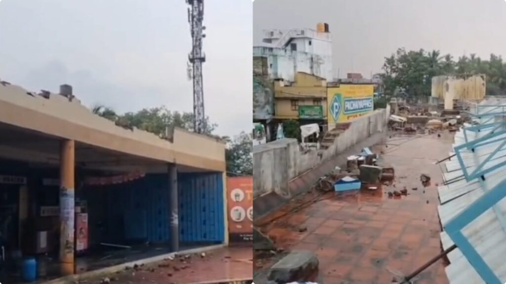 சூறைக்காற்றால் இடிந்து விழுந்த பேருந்து நிலைய மேற்கூரை!. அதிர்ஷ்டவசமாக உயிர்தப்பிய பயணிகள்! ranipet building