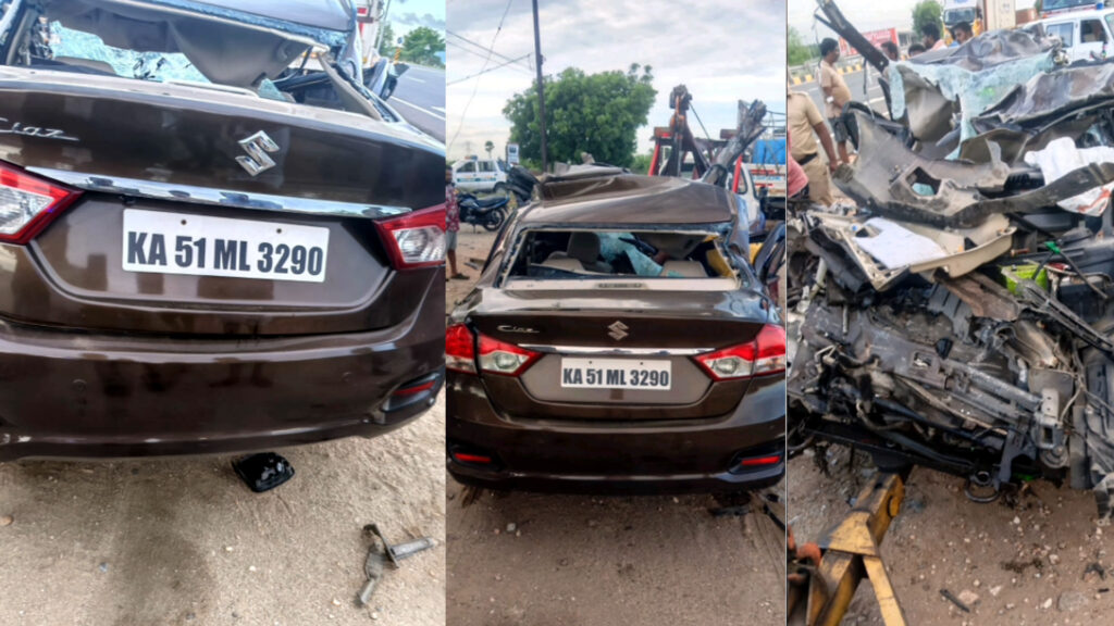லாரி மீது கார் மோதி விபத்து – கர்ப்பிணி பெண் உள்பட மூவர் உயிரிழப்பு 001 karur accident