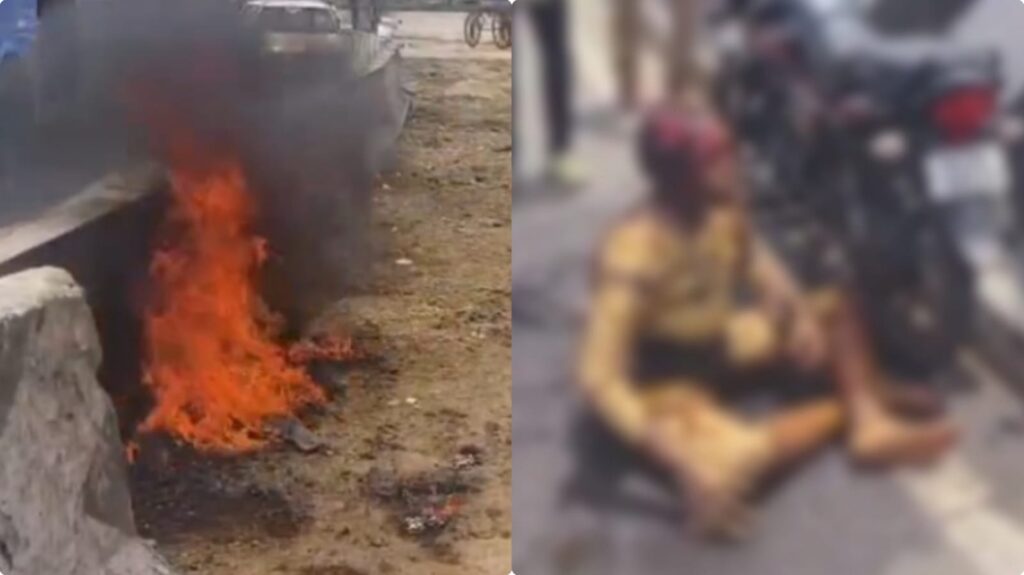 வறுமை தாளாமல் உயிரை மாய்க்க முயற்சி!. நடுரோட்டில் தீக்குளித்த பெண்!. நெஞ்சை உலுக்கிய சம்பவம்! madurai lady fire