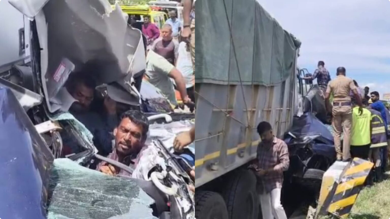 விருதுநகரில் பயங்கரம்! லாரியோடு மோதி நொறுங்கிய கார்!. உயிருக்கு போராடிய 4 பேர் மீட்பு! virudhunagar accident