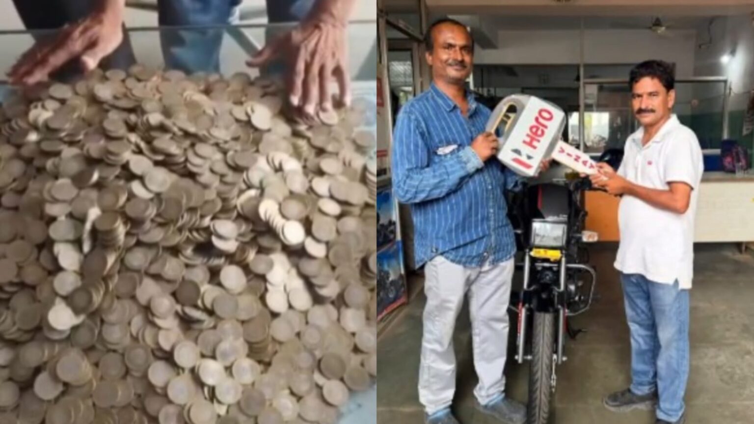 குவியல் குவியலாக 10 ரூபாய் நாணயங்கள்!. பைக் வாங்கி அசத்திய நபர்!. தெலங்கானாவில் நெகிழ்ச்சி! 10 rupee coins telangana