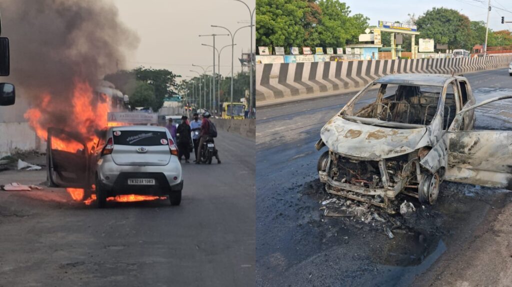 மாதவரத்தில் நடுரோட்டில் கொழுந்துவிட்டு எரிந்த பயிற்சி கார்!. அலறிய பெண்கள்! madavaram car fire