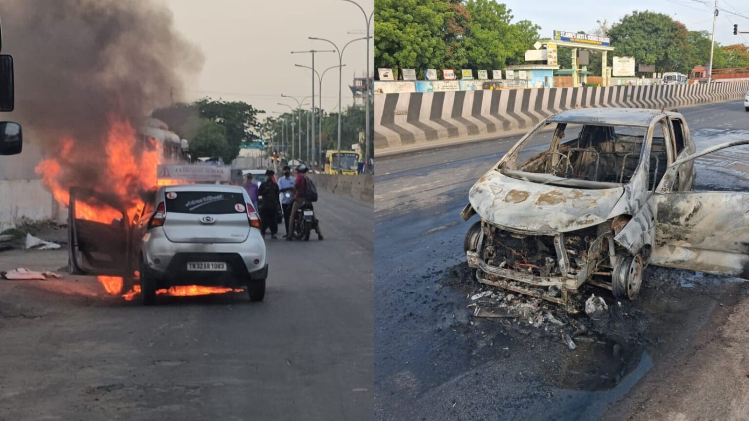 மாதவரத்தில் நடுரோட்டில் கொழுந்துவிட்டு எரிந்த பயிற்சி கார்!. அலறிய பெண்கள்! madavaram car fire