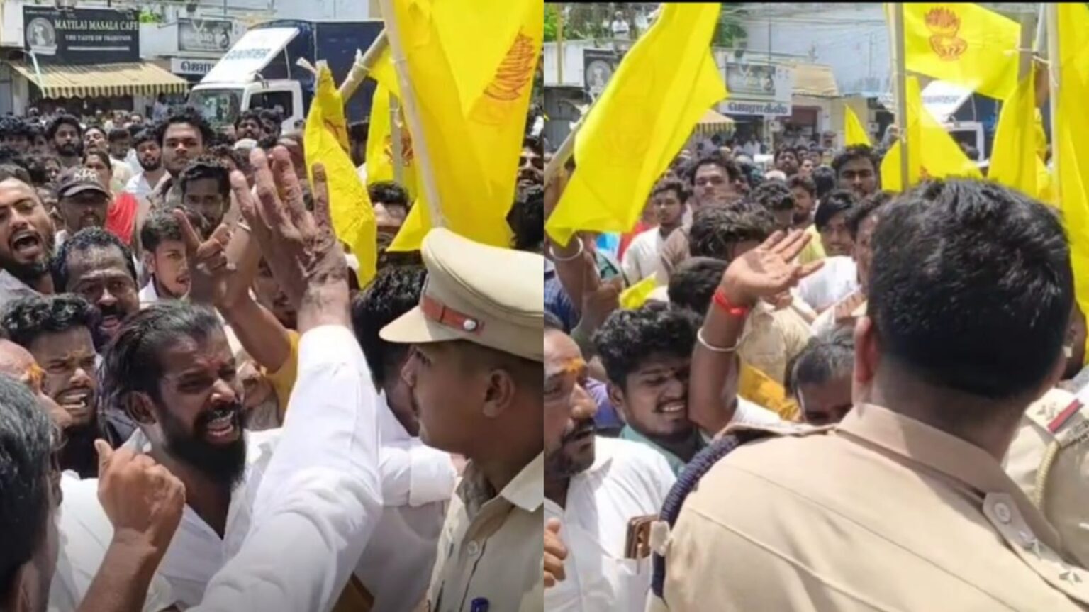 சாத்தங்குடி காதலர்கள் உயிரிழந்த விவகாரம்! நீதி கேட்டு ஆட்சியர் அலுவலகத்தை முற்றுகையிட்ட அமைப்பினரால் தள்ளுமுள்ளு! mayiladurai lovers dead protest