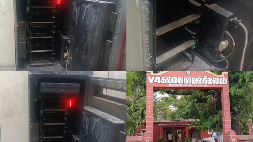 கேஸ் வெல்டிங் மூலம் ஏடிஎம்-ஐ உடைத்து ரூ.7 லட்சம் கொள்ளை!. சிசிடிவி கேமிராவுக்கு கருப்பு மை அடித்து துணிகரம்! ranipet atm theft