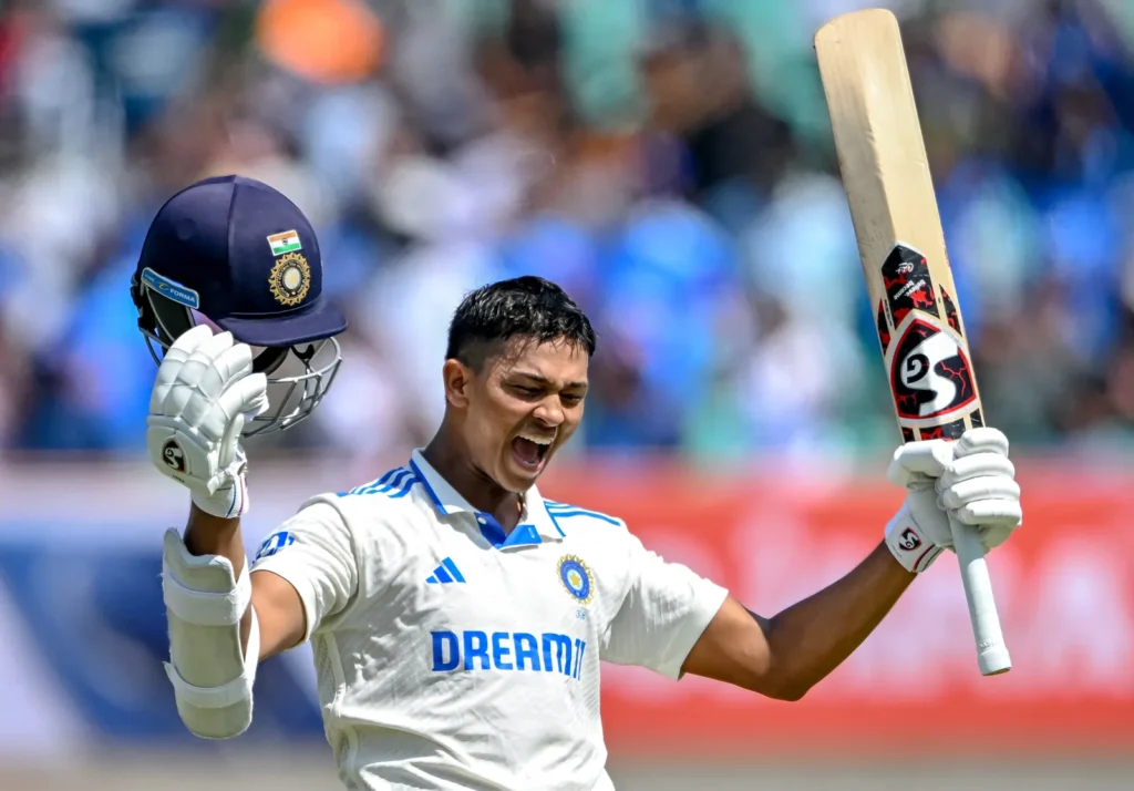 Yashasvi Jaiswal of India celebrates after scoring double century against England during Test cricket match February 18 2024